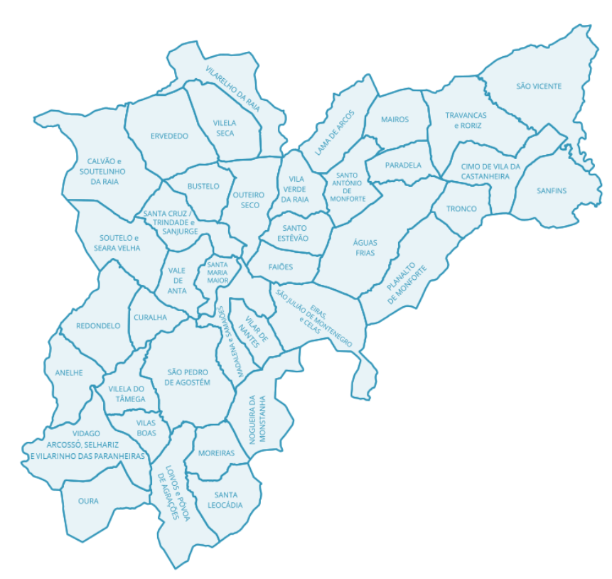Mapa do Concelho de Chaves com indica&ccedil;&atilde;o das Freguesias (mais informa&ccedil;&atilde;o abaixo)